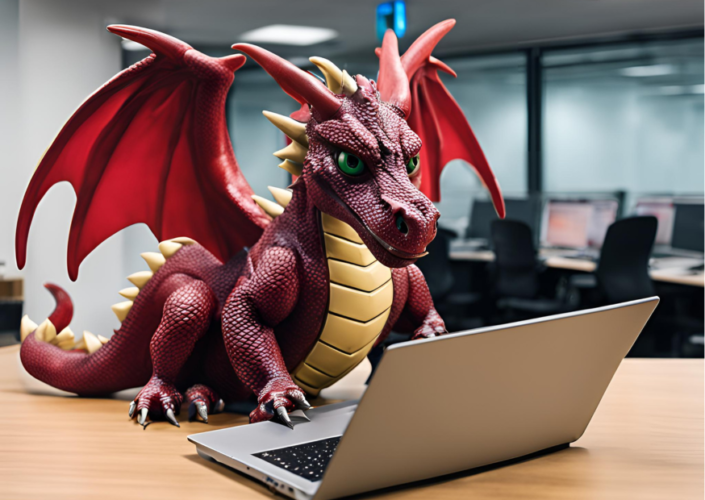 Red Dragon working on a laptop